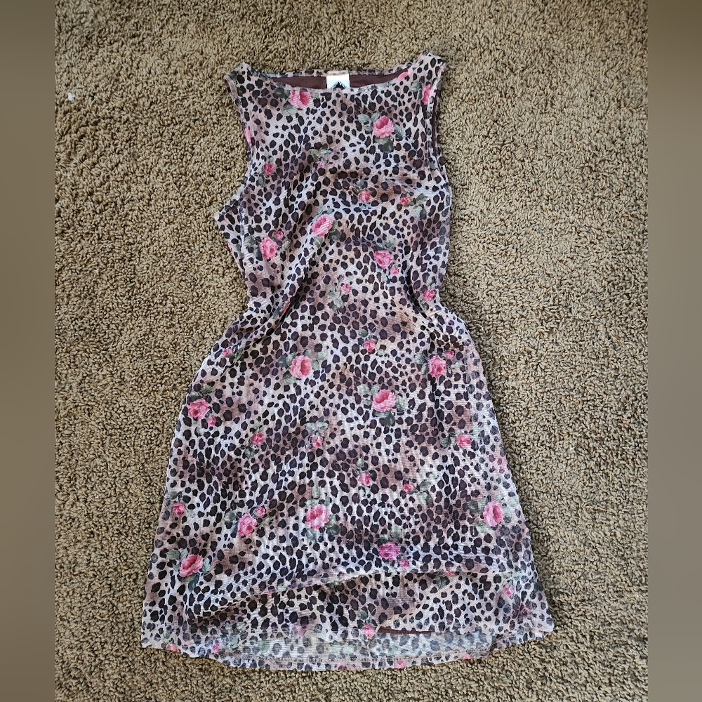 Leopard Print Sleeveless Dress with Pink Rose Accents